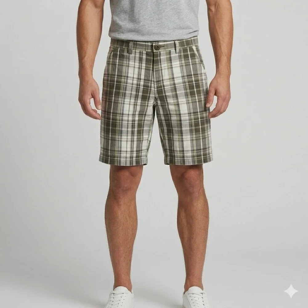 Public Opinion Plaid Cargo‎ Shorts Men's 34 Green Brown 100% Cotton EUC
